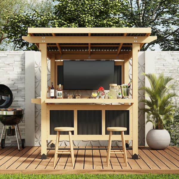 7.05 ft. x 6.34 ft. Cedar Wood Entertainment Outdoor Bar Gazebo with Dual Bar Counters, PVC Roof, TV Mount
