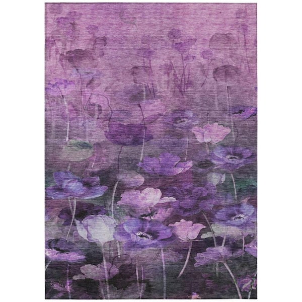 Purple, Eggplant, Lavender 5 ft. x 8 ft. Woven Floral Polyester Rectangle Indoor/Outdoor Area Rug