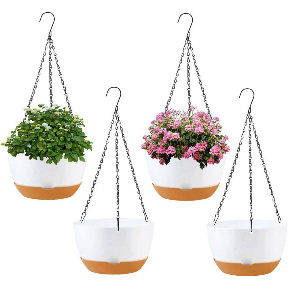 "8"" White Plastic Self-Watering Hanging Flower Pots with Drainage Holes, Modern Planter Basket, 4-Pack" price history on PriceWatchPro