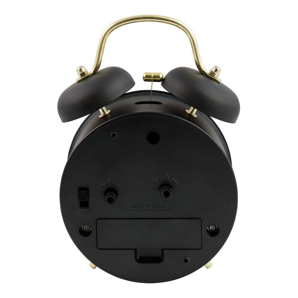 Black Twin Bell Quartz Analog Alarm Clock with Gold Accents