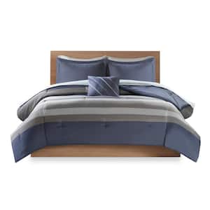 James 8-Piece Blue/Grey Full Striped Microfiber Bed in a Bag Comforter Set