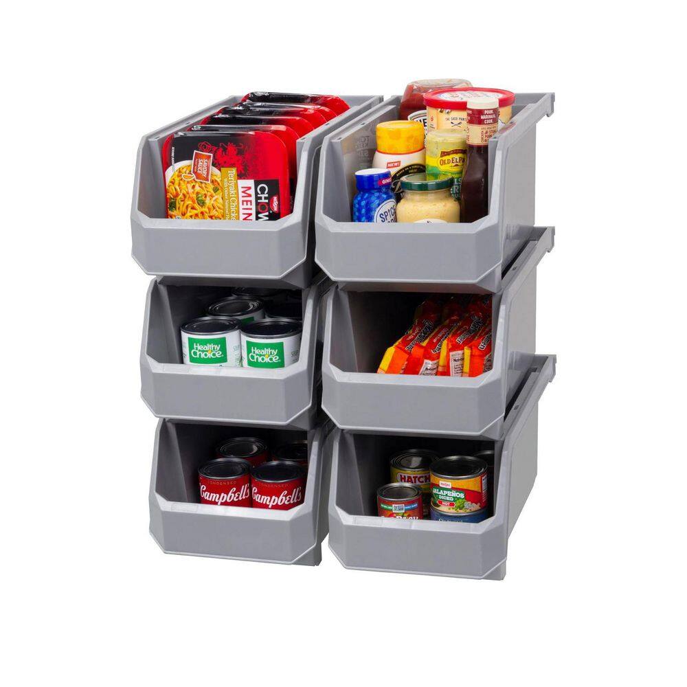 Plastic Stackable Storage Bin Containers for Organizing, Large (14.8" x 8" x 7"), 6-Pack, Grey