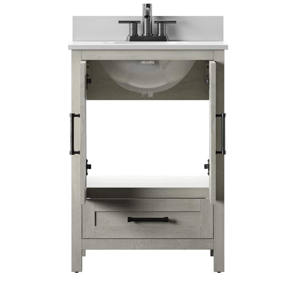 Rustic Oak Bathroom Vanity with White Stone Top and Basin