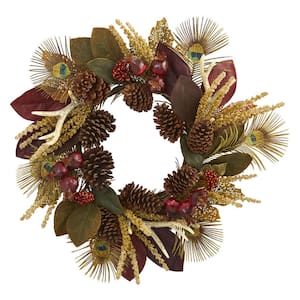 27in. Artificial Unlit Artificial Holiday Wreath with Magnolia Leaf, Berry, Antler and Peacock Feather