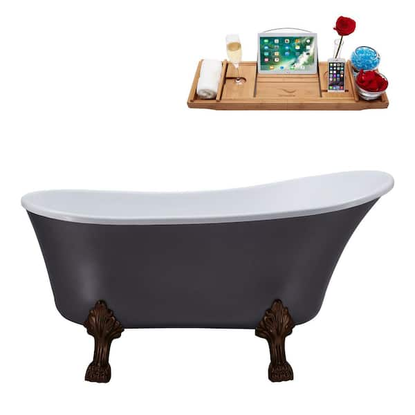 Streamline 55 in. Acrylic Clawfoot Non-Whirlpool Bathtub in Matte Grey With Matte Oil Rubbed Bronze Clawfeet And Brushed Gold Drain