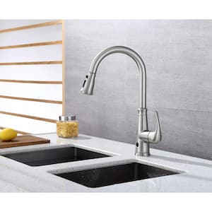Single-Handle Pull-Down Sprayer Kitchen Faucet with Hands-Free Feature in Brushed Nickel