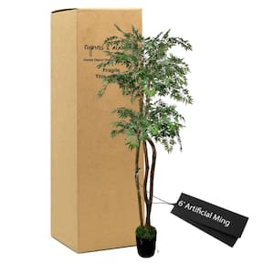 Handmade 6 ft. Artificial Ming 2-Tier Tree in Home Basics Plastic Pot Made with Real Wood and Moss Accents