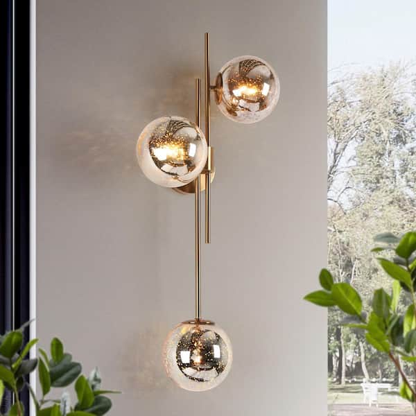 30 in. 3-Light Plated Brass Mercury Glass Orb Vanity Light, Modern Bathroom Horizontal/Vertical Mount Sconce Wallchiere
