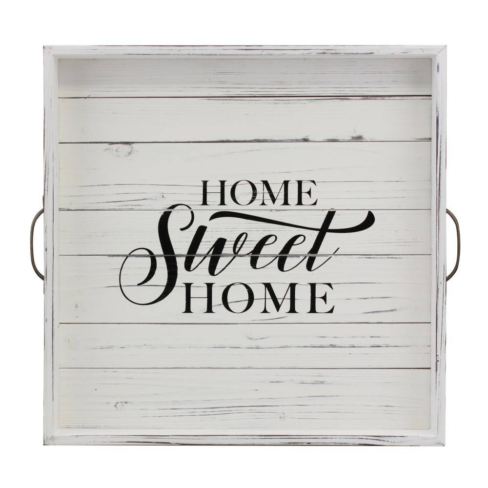 Off-White Distressed Wood Square Decorative Tray with Metal Handles