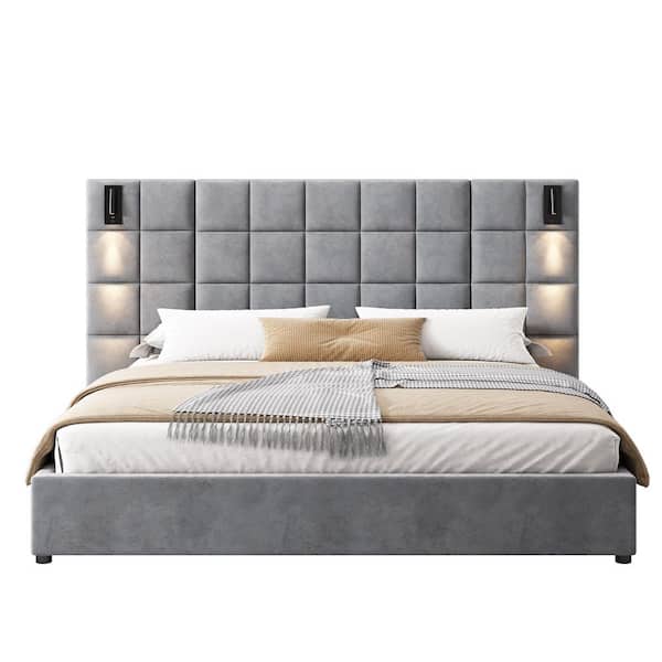 Svens Modern Gray Velvet Upholstered Wood Frame California King Platform Bed with Headboard, Wall Sconce and USB Ports