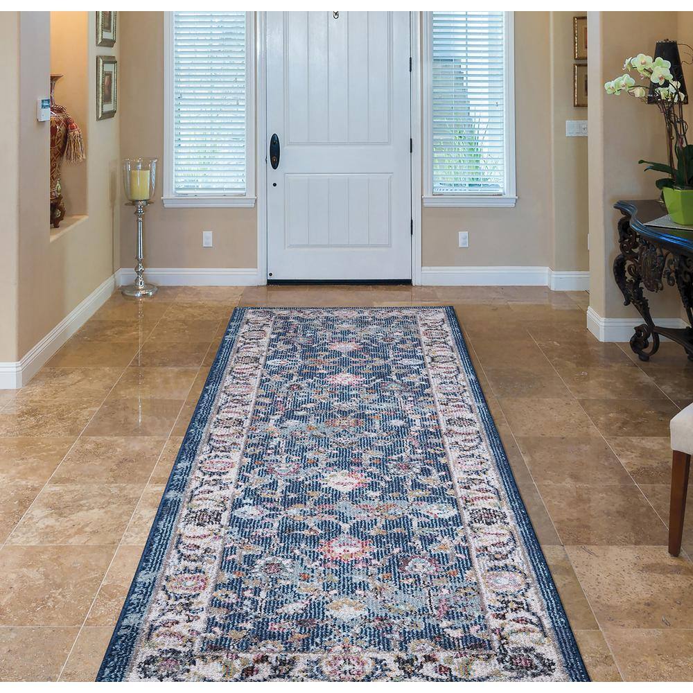 Vintage Navy Blue Polypropylene Border Runner Rug, 2' x 7'