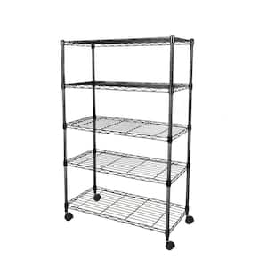 30.7in*13.8in*6.7in 5-Tier Black Heavy-Duty Shelf with 4 Wheels and Adjustable Shelves