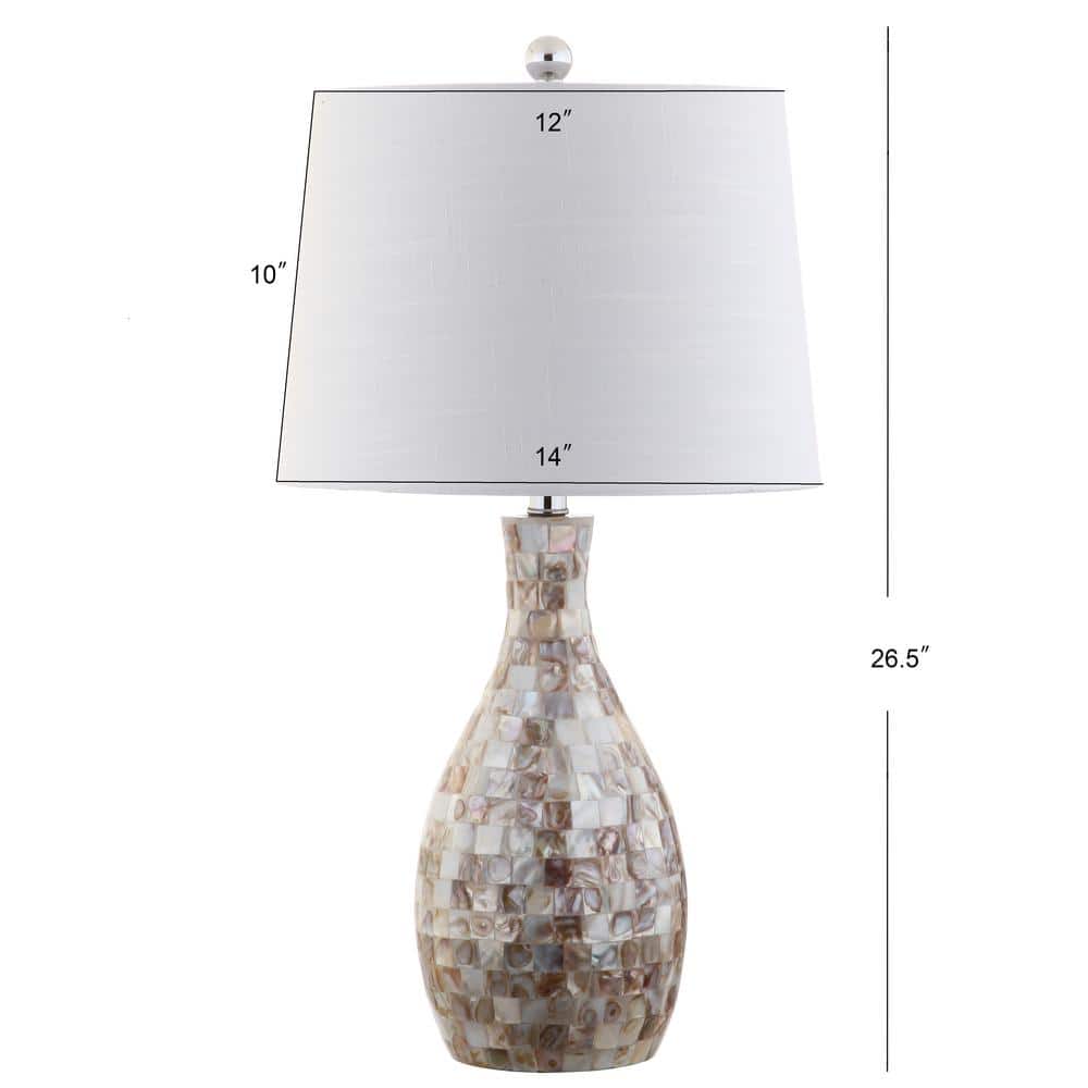 Ivory and Beige Capiz Shell Mosaic Table Lamp with White Linen Shade