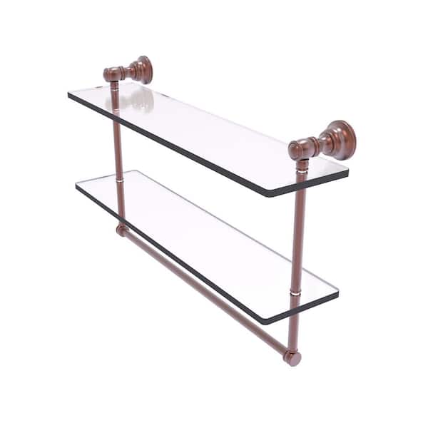 Carolina Collection 22in. x 9.5in. x 5.54in. Brass Rectangular Double Glass Shelf with Towel Bar in Antique Copper