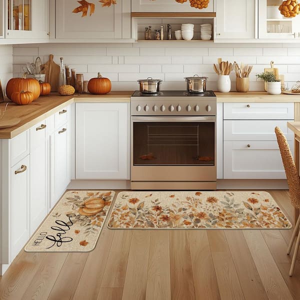 Beige Pumpkin Sunflowers Indoor Kitchen Mats Set of 2 (17 in. x 29 in. + 17 in. x 47 in. )