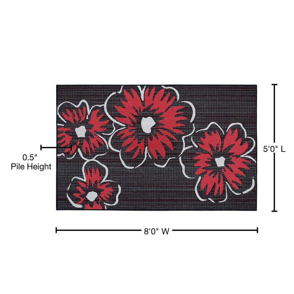 Happy Blooms Green/Pink Reversible Rectangular Synthetic Rug 5' x 8'