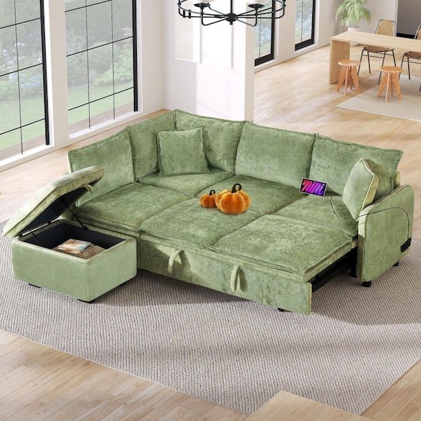 82.67 in. Square Arm Chenille L-Shaped Sofa in Green with A Storage Ottoman, 2 Pillows and 2 USB Ports