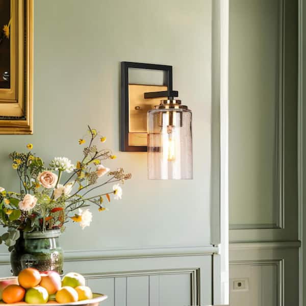 1-Light Brass Gold Modern Indoor Wall Sconce, Black Bathroom Vanity Light, Cylinder Seeded Glass Wall Light for Bedroom