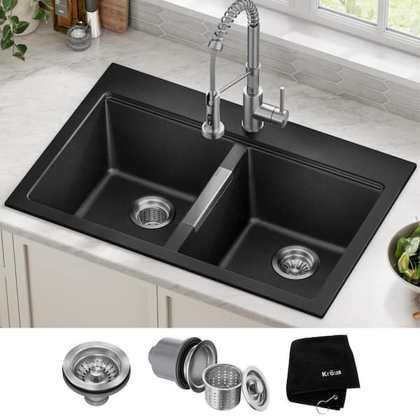 Quarza Black Onyx 33 Inch Drop-in / Undermount 50/50 Double Bowl Granite Kitchen Sink