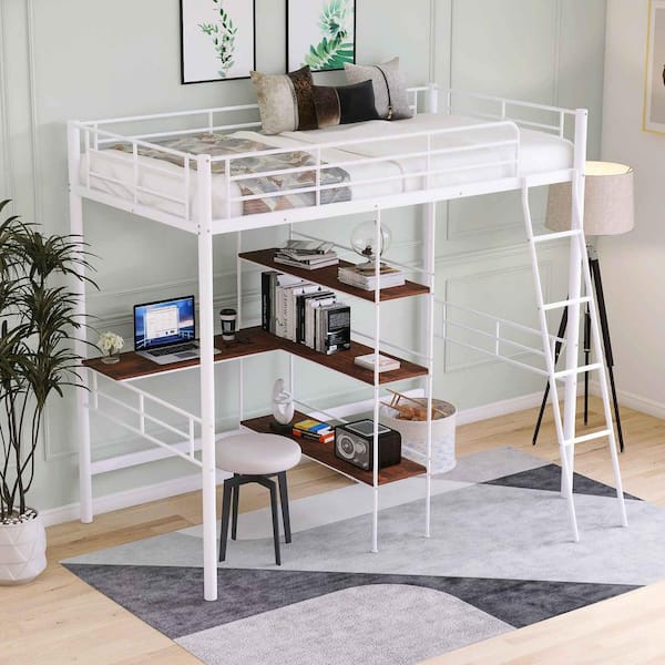 Polibi Twin Size Metal Loft Bed and Built-in Desk and Shelves, White