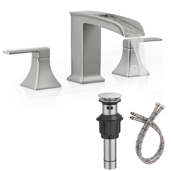 8 in. Widespread 2-Handle Waterfall Spout Bathroom Sink Faucet with Pop-Up Drain and Supply Lines in Brushed Nickel