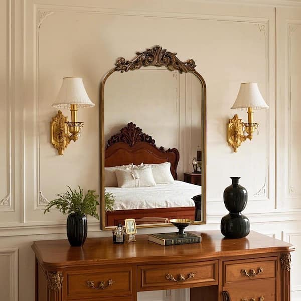 LuxHomez 19 in. W x 31 in. H Copper Vintage Arched Metal Frame Decorative Wall Mirror/Dressing Table Mirror