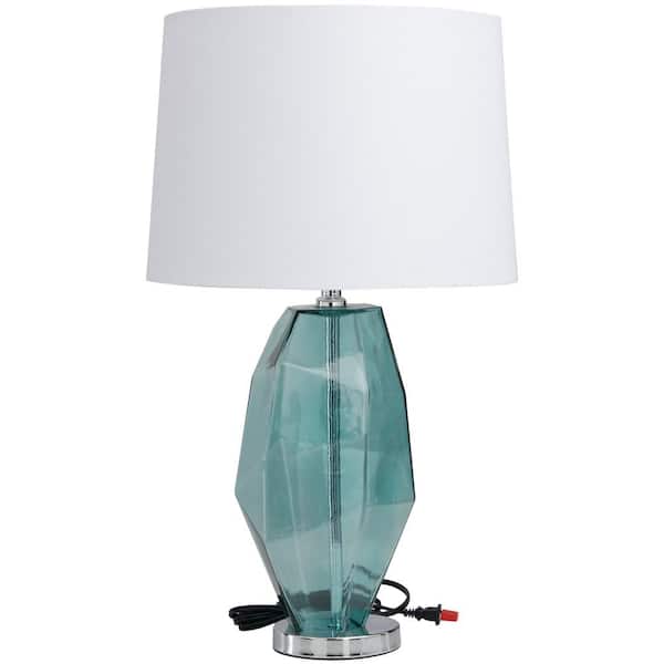 Litton Lane 25 in. Teal Glass Angular Abstract Task and Reading Table Lamp with Silver Base