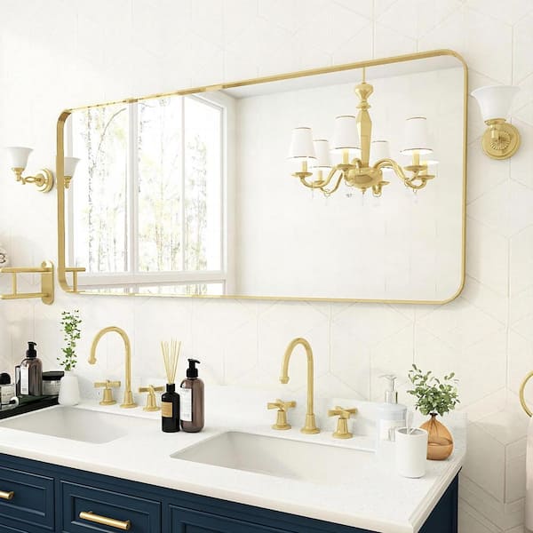 60 in. W x 28 in. H Rectangular Aluminum Framed Wall Bathroom Vanity Mirror in Gold