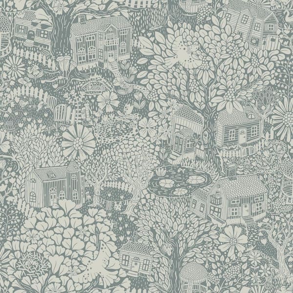 Blue Bygga Bo Blue Woodland Village Wallpaper Sample