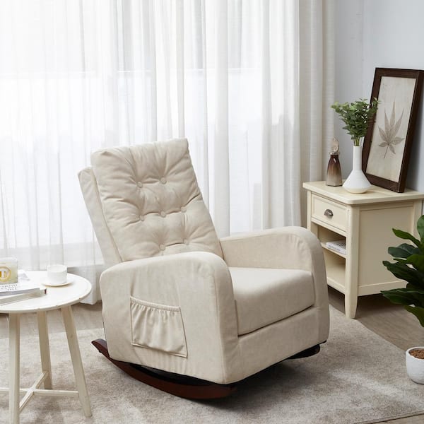 Harper & Bright Designs Beige Stylish Botton Tufted High Back Velvet Rocking Chair with 2 Side Pockets