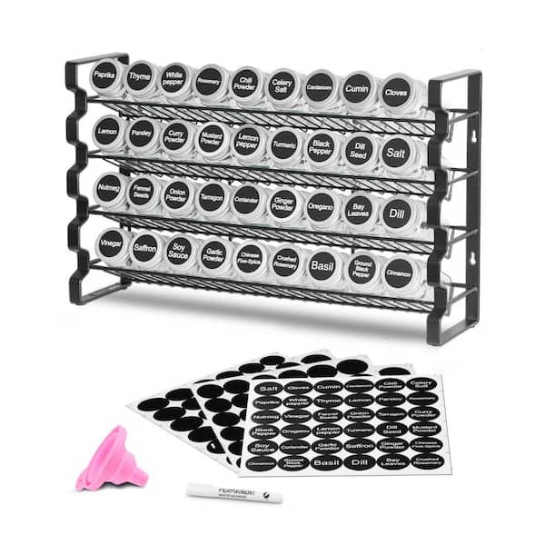 Wudkey 4-Tier 18.2 in. x 11.1 in. Black Spice Rack Organizer with 36 Empty Glass Jars for Kitchen Countertop and Cabinet