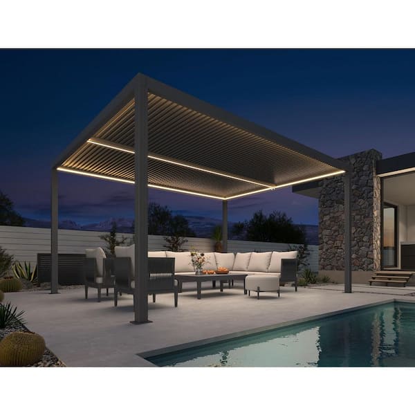 11 ft. x 14 ft. Gray Aluminum Frame Outdoor Louvered Pergola Gazebo with Adjustable Sunshade Roof and LED Strip Lights