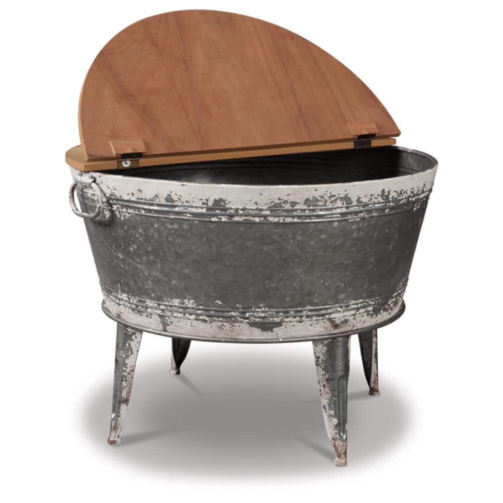 Round Galvanized Metal and Wood Lift-Top Coffee Table with Storage