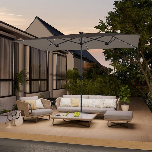 JOYESERY 10 x 6.5 ft. Steel Solar-powered Large Double-Sided Rectangular Outdoor Market Patio Umbrella with Crank in Taupe