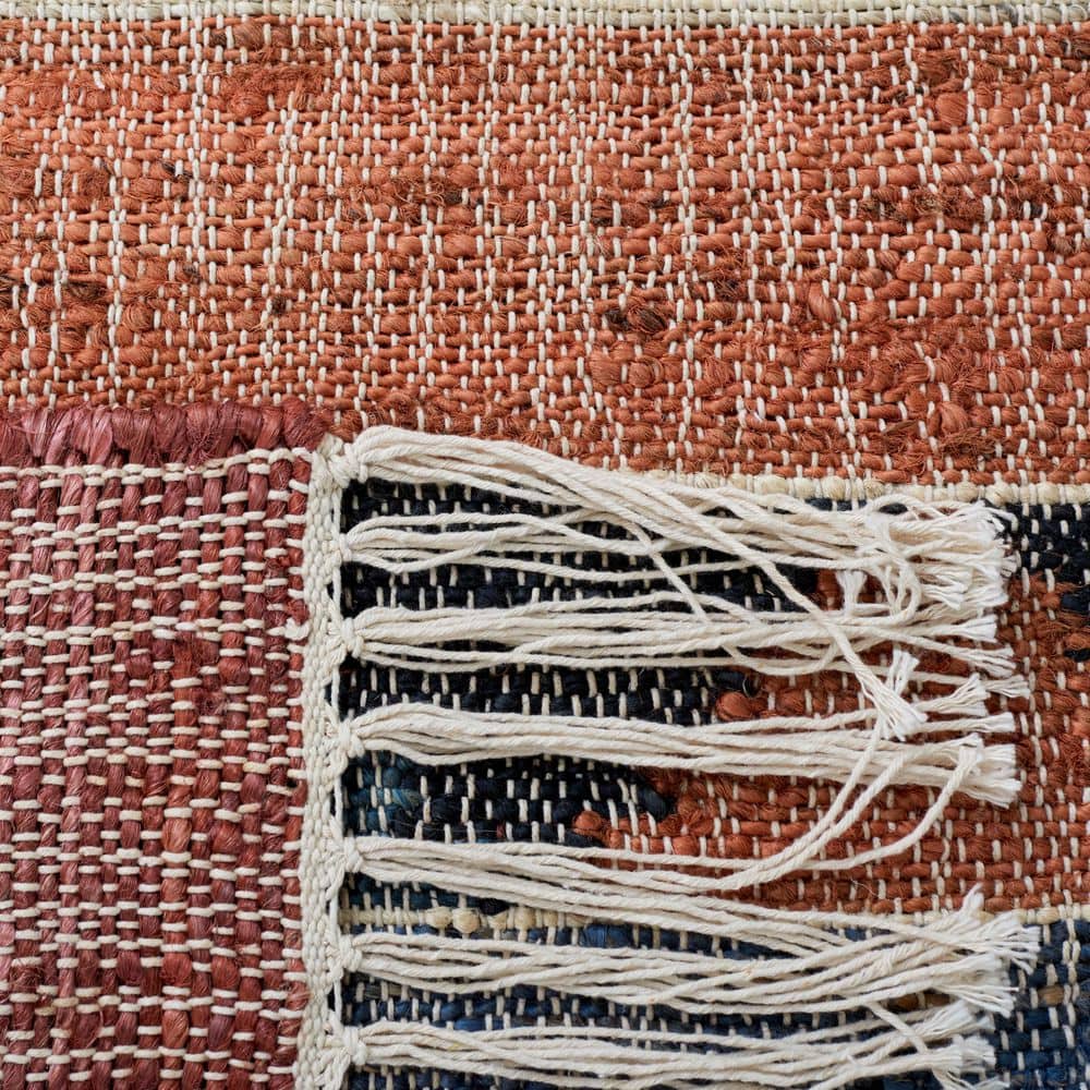 Blue and Rust Handmade Wool Cotton Kilim Rug, 5' x 8'