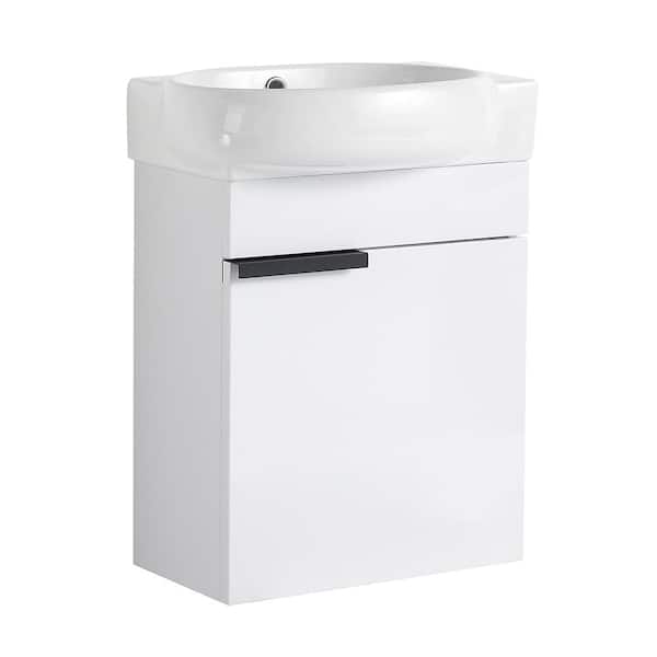 MYCASS 16.8 in. W x 11.6 in. D x 21.3 in. H Floating Bath Vanity in Gloss White with Round Single Ceramic Sink Top