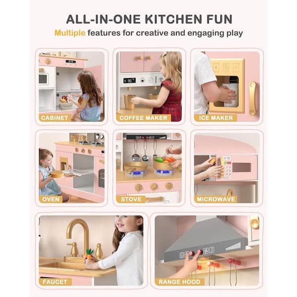 SEEUTEK Wooden Kids Kitchen Playset Pretend Play with Lights and