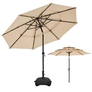 10 ft. 3 Tiers Aluminum Outdoor Market Umbrella Patio Umbrella with Push Button Tilt and Base in Beige