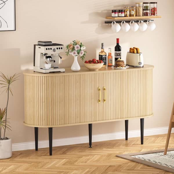 Oak MDF 54.3 in. W Sideboard Storage Cabinet with Sliding Tambour Panel Doors