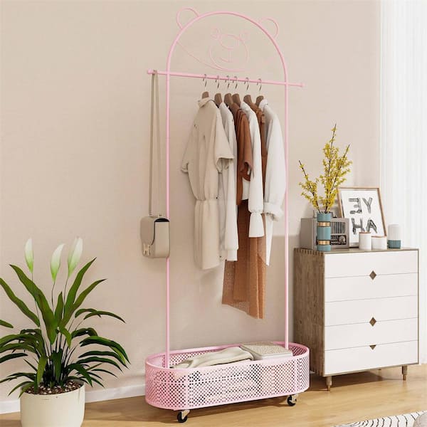 Pink Kid Clothes Rack with 3 Adjustable Heights Home Freestanding Clothes Rack