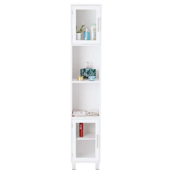 ANGELES HOME 13 in. W x 12 in. D x 71 in. H White Tower Bathroom Storage Linen Cabinet with Tempered Glass Doors and Open Shelves