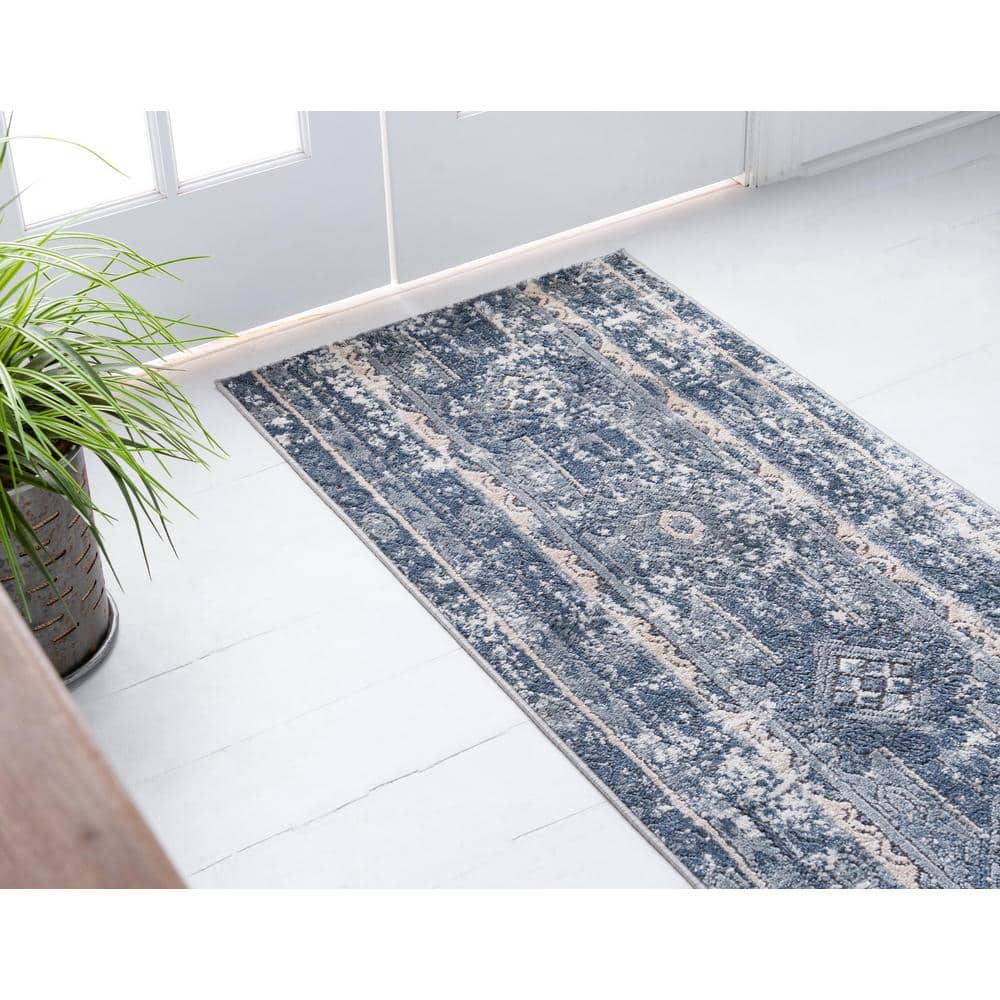 Blue and Ivory Geometric Synthetic Runner Rug