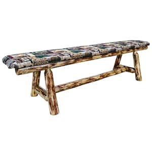 Glacier Country Collection 18 in. H Brown Wooden Bench with Woodland Pattern Upholstered Seat, 6 Foot Length