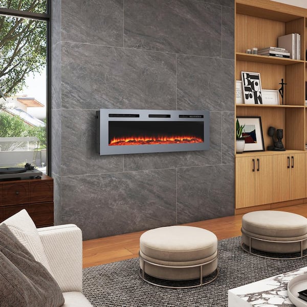 50 in. Stainless Steel Wall Mounted Electric Fireplace with Remote Control in Silver