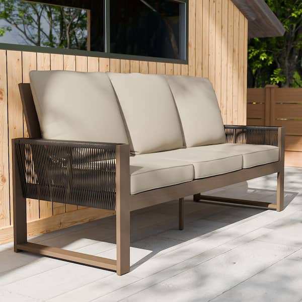 EAGLE PEAK 3-Seat Brown Cedar Wood and Round Wicker Outdoor Couch Patio Sofa with Beige Cushions for Porch Deck Balcony