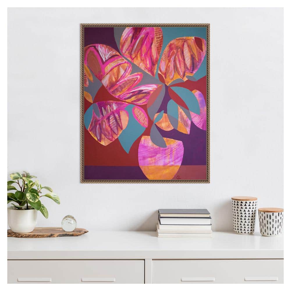 Pink and Orange Abstract Floral Beaded Framed Canvas Art