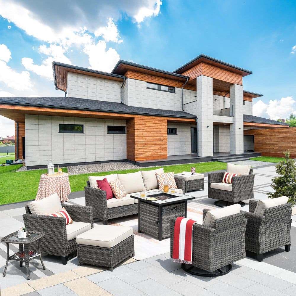 Lake Powell Gray 9-Piece Wicker Patio Conversation Fire Pit Seating Set with Beige Cushions price history on PriceWatchPro