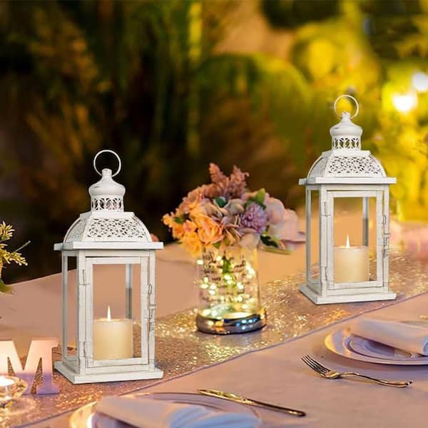 14.4 in. x 5.5 in. Beige White Metal Vintage Lantern without