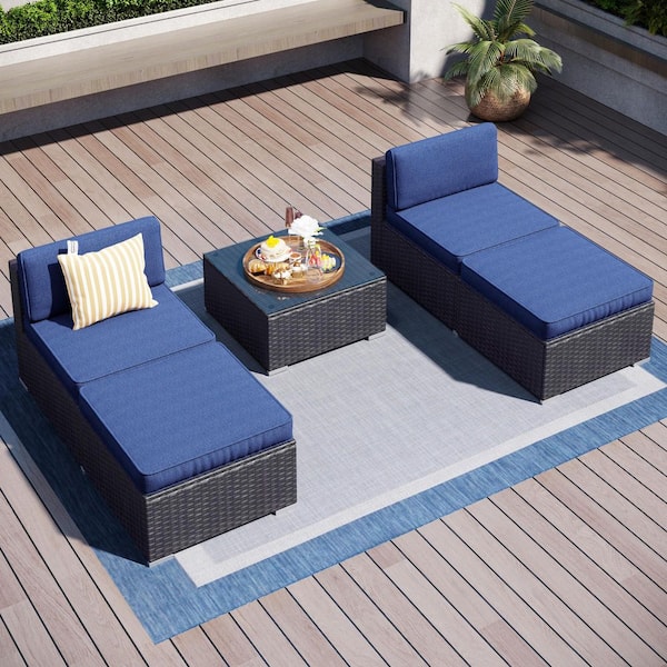 Dark Brown Rattan Wicker 4-Seat 5-Piece Steel Patio Outdoor Sectional Set with Blue Cushions,Ottomans and Coffee Table