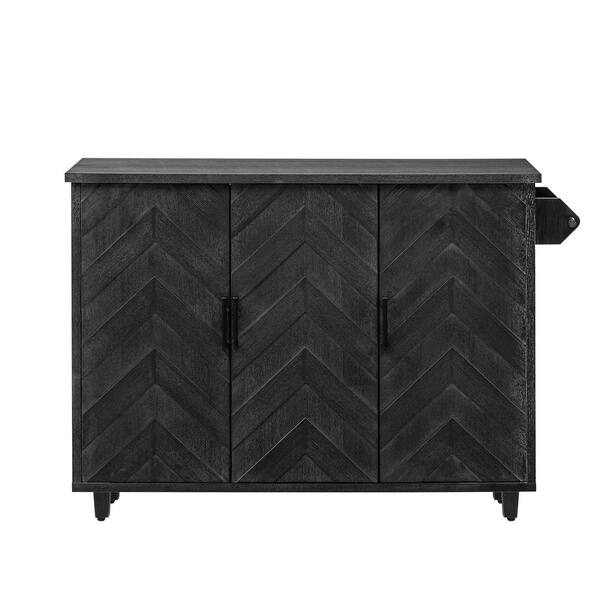 Ximuprmy Black Wood 51 in. Kitchen Island with 3D Wave Stripes Ash Veneer, Drop Leaf and Internal Storage Rack for Kitchen Room